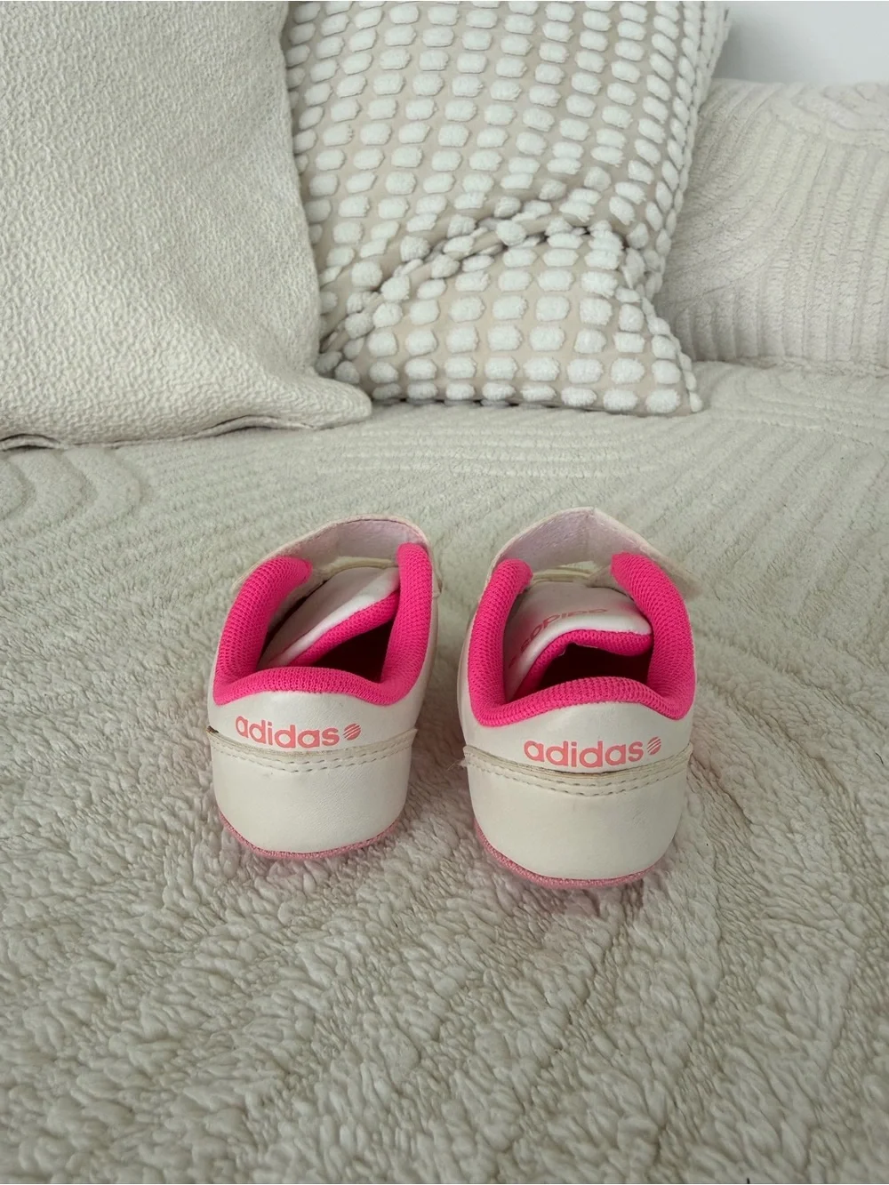 ADIDAS White Sneakers with Pink & Light Pink Stripes- BABY- size 3/6 M
